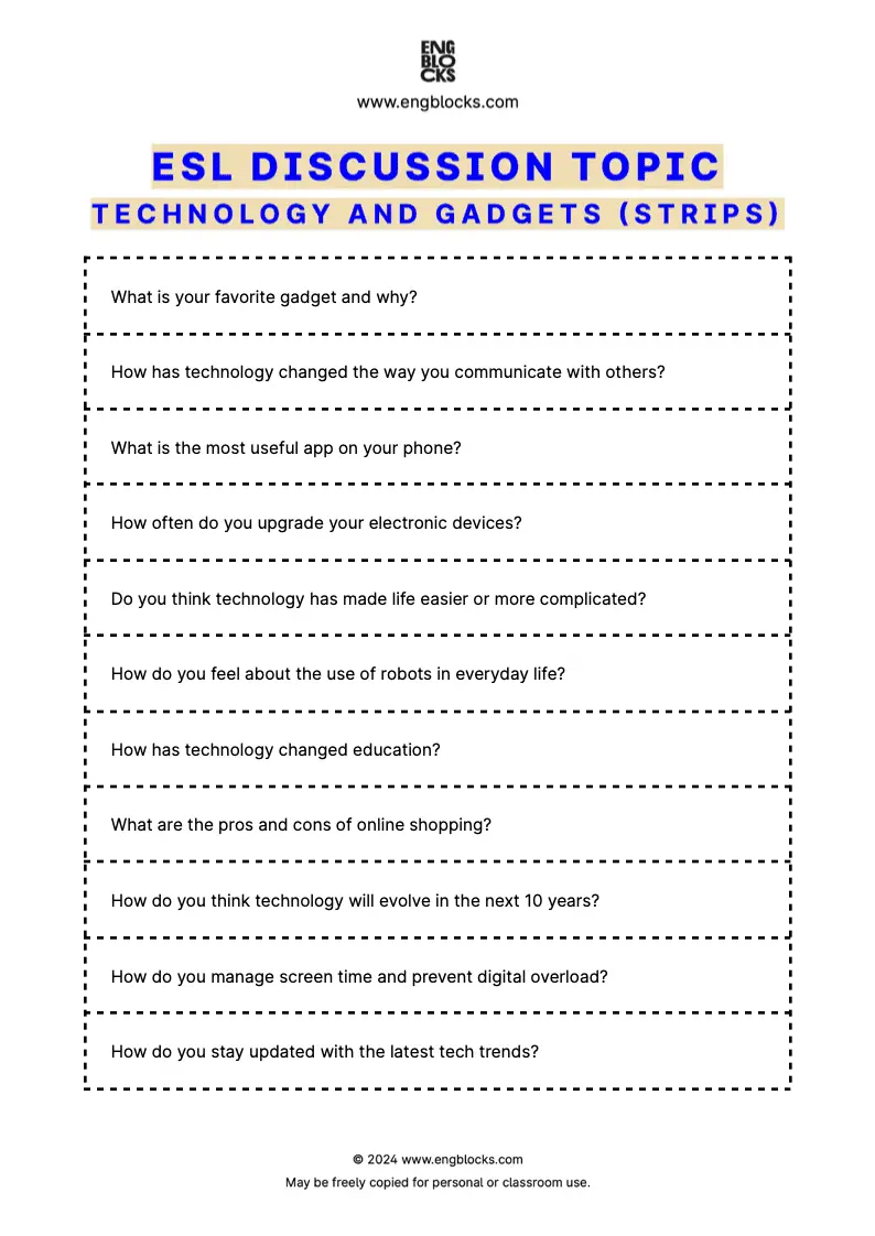 ESL Discussion Topic Worksheet about Technology and Gadgets for speaking practice in the ESL Classroom (strips format)
