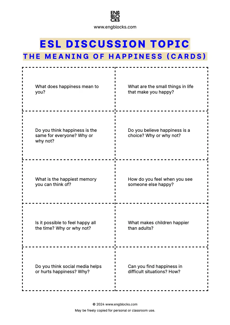 ESL discussion topic worksheet to talk about the meaning of happiness (cards format)