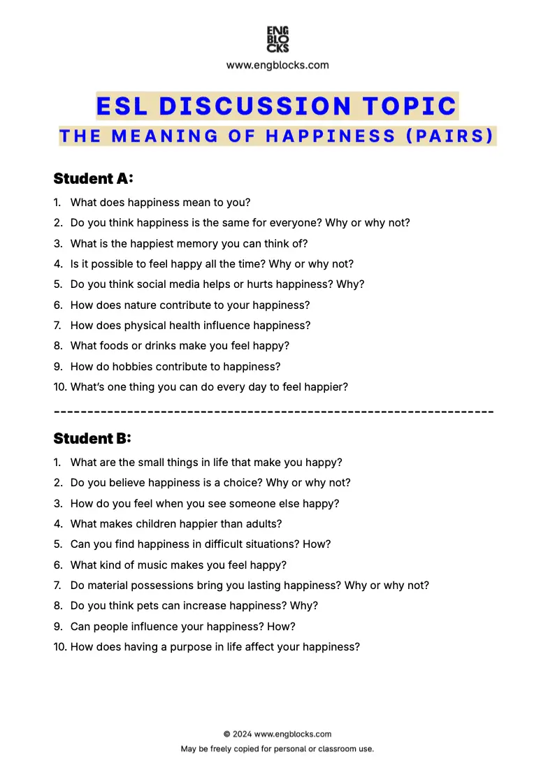 ESL discussion topic worksheet to talk about the meaning of happiness (pair work format)