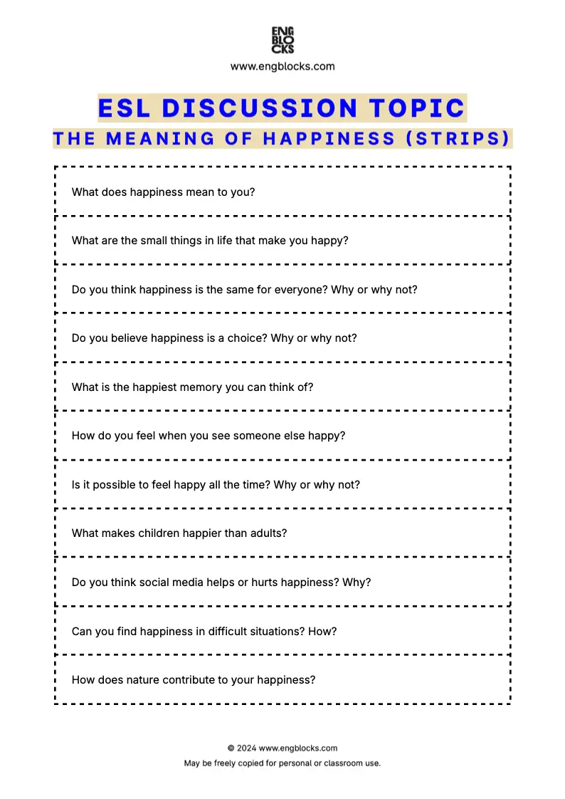 ESL discussion topic worksheet to talk about the meaning of happiness (strips format)
