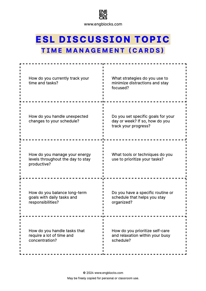 ESL Discussion Topic Worksheet about Time management for speaking practice in the ESL Classroom (cards format)