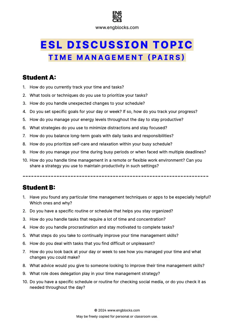ESL Discussion Topic Worksheet about Time management for speaking practice in the ESL Classroom (pair work format)