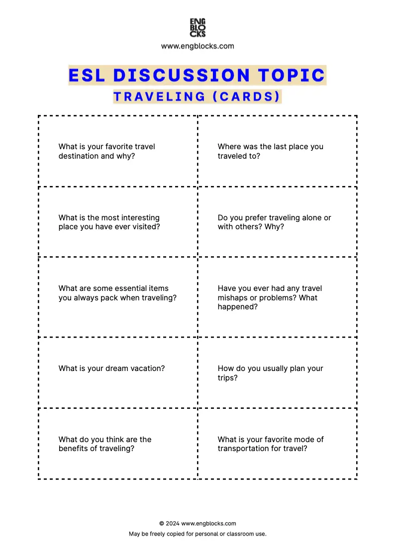 ESL Discussion Topic Worksheet about Traveling for speaking practice in the ESL Classroom (cards format)