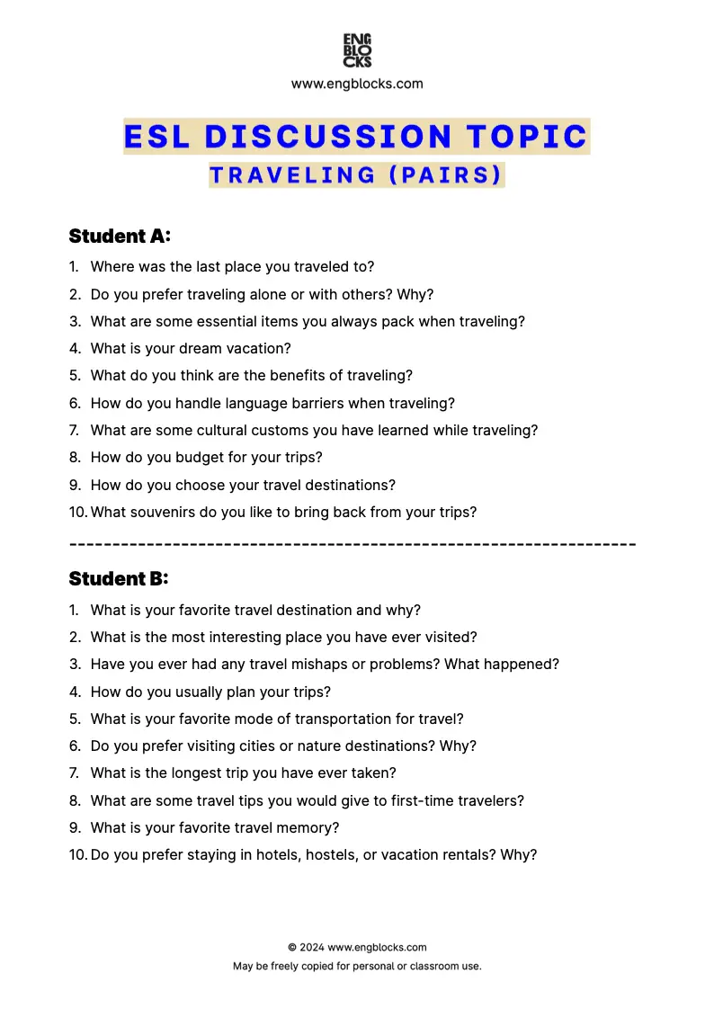 ESL Discussion Topic Worksheet about Traveling for speaking practice in the ESL Classroom (pair work format)