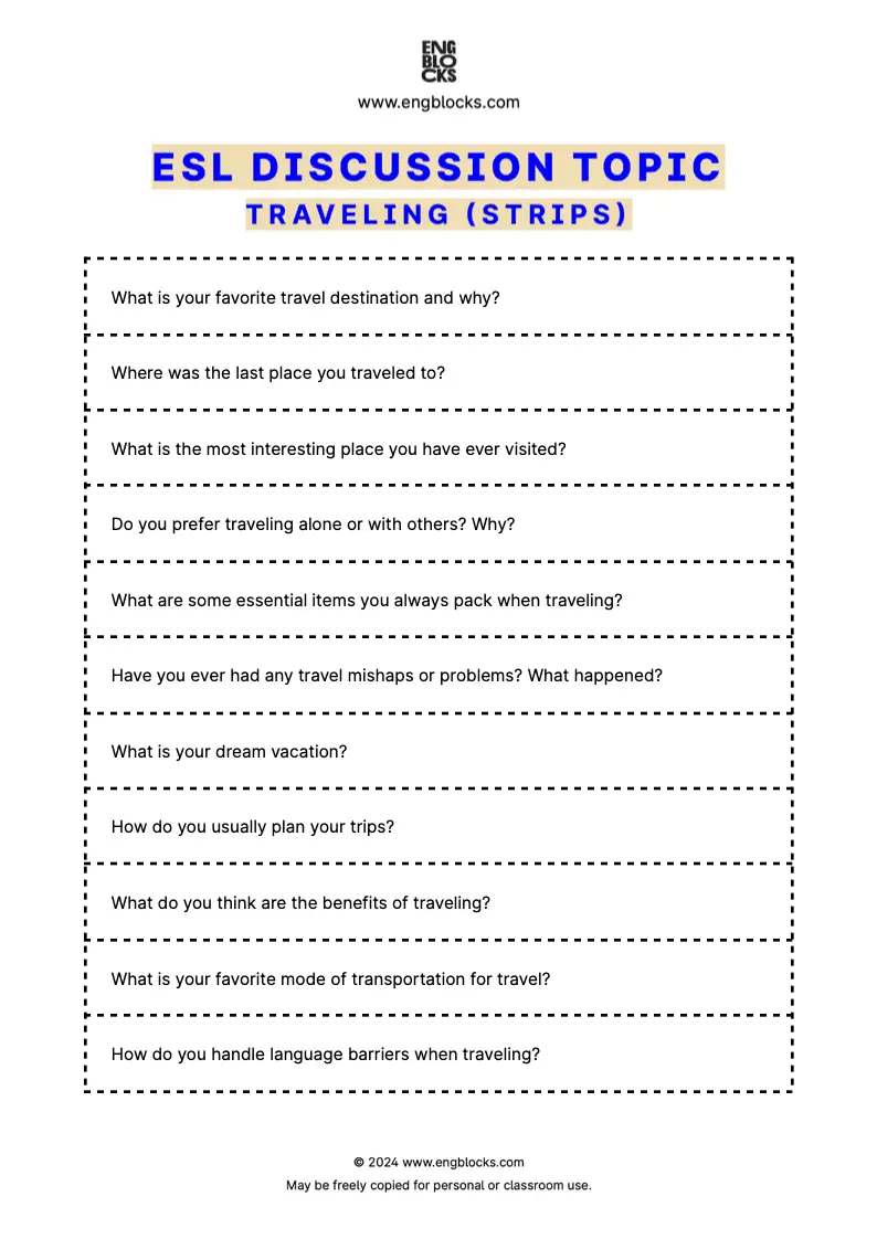 ESL Discussion Topic Worksheet about Traveling for speaking practice in the ESL Classroom (strips format)