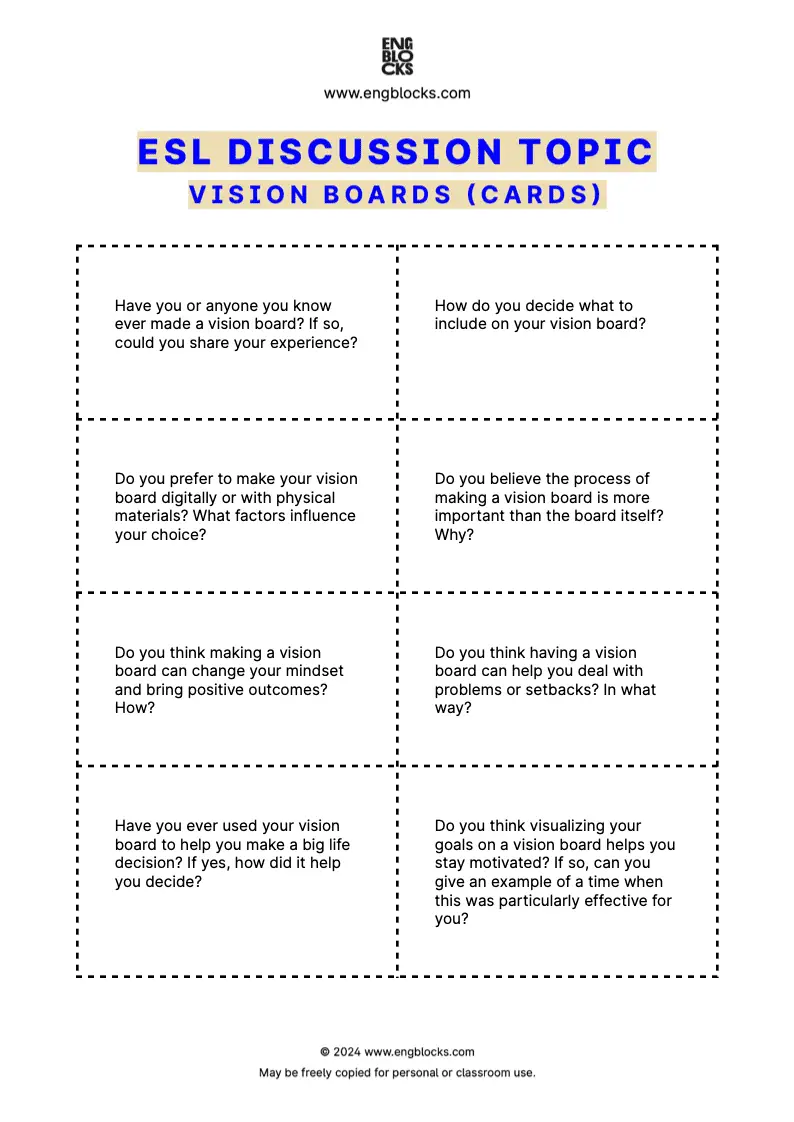 ESL Discussion Topic Worksheet about Vision Boards for speaking practice in the ESL Classroom (cards format)