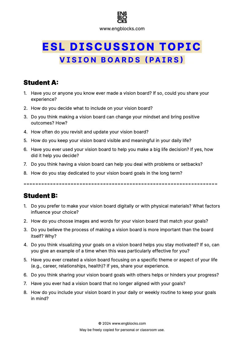 ESL Discussion Topic Worksheet about Vision Boards for speaking practice in the ESL Classroom (pair work format)