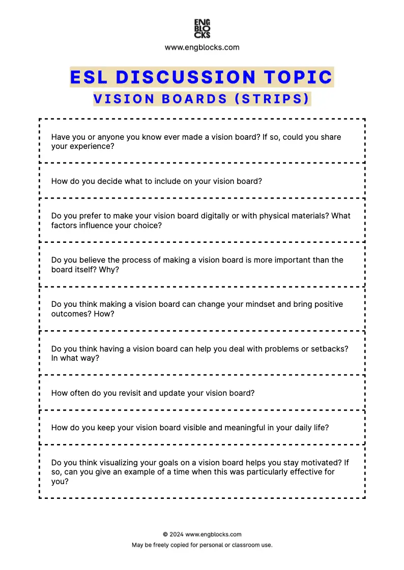 ESL Discussion Topic Worksheet about Vision Boards for speaking practice in the ESL Classroom (strips format)