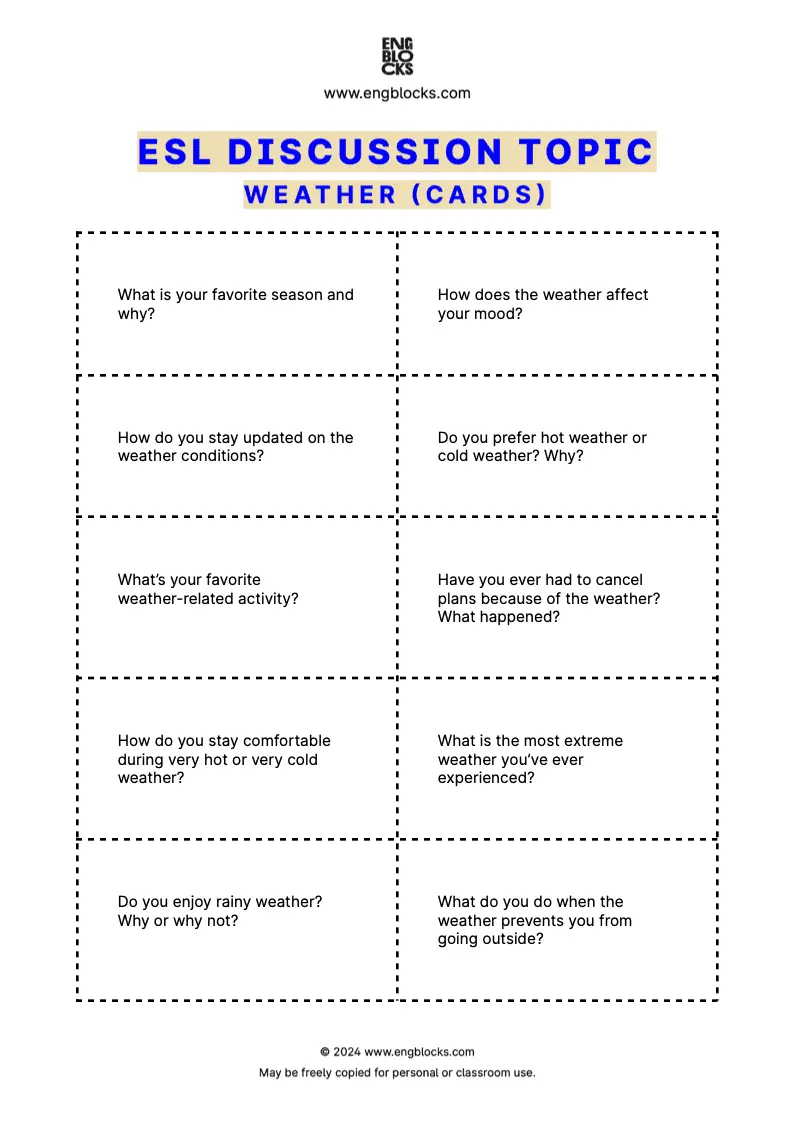 ESL Discussion Topic Worksheet about Weather for speaking practice in the ESL Classroom (cards format)