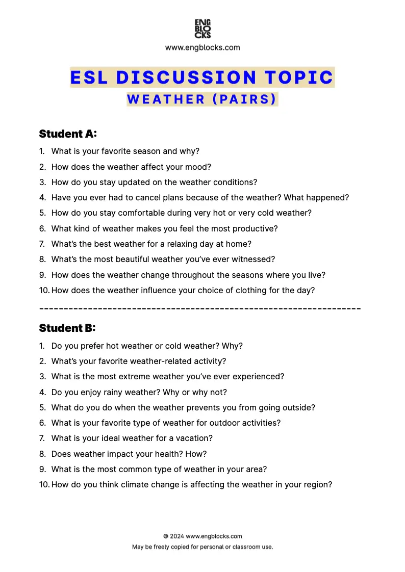 ESL Discussion Topic Worksheet about Weather for speaking practice in the ESL Classroom (pair work format)