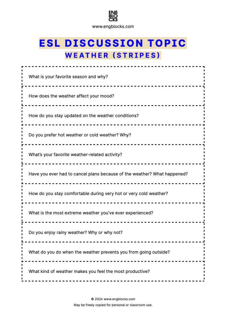 ESL Discussion Topic Worksheet about Weather for speaking practice in the ESL Classroom (strips format)