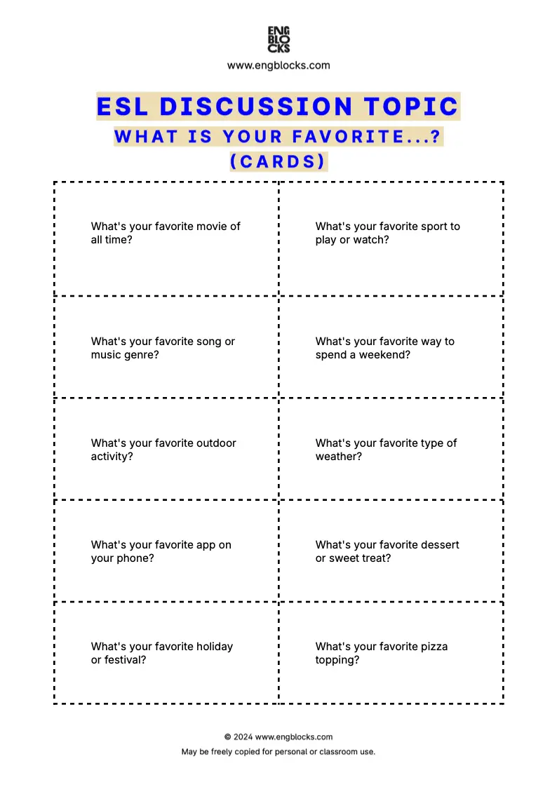 ESL worksheet for students to share their favorites and practice speaking skills (cards format)