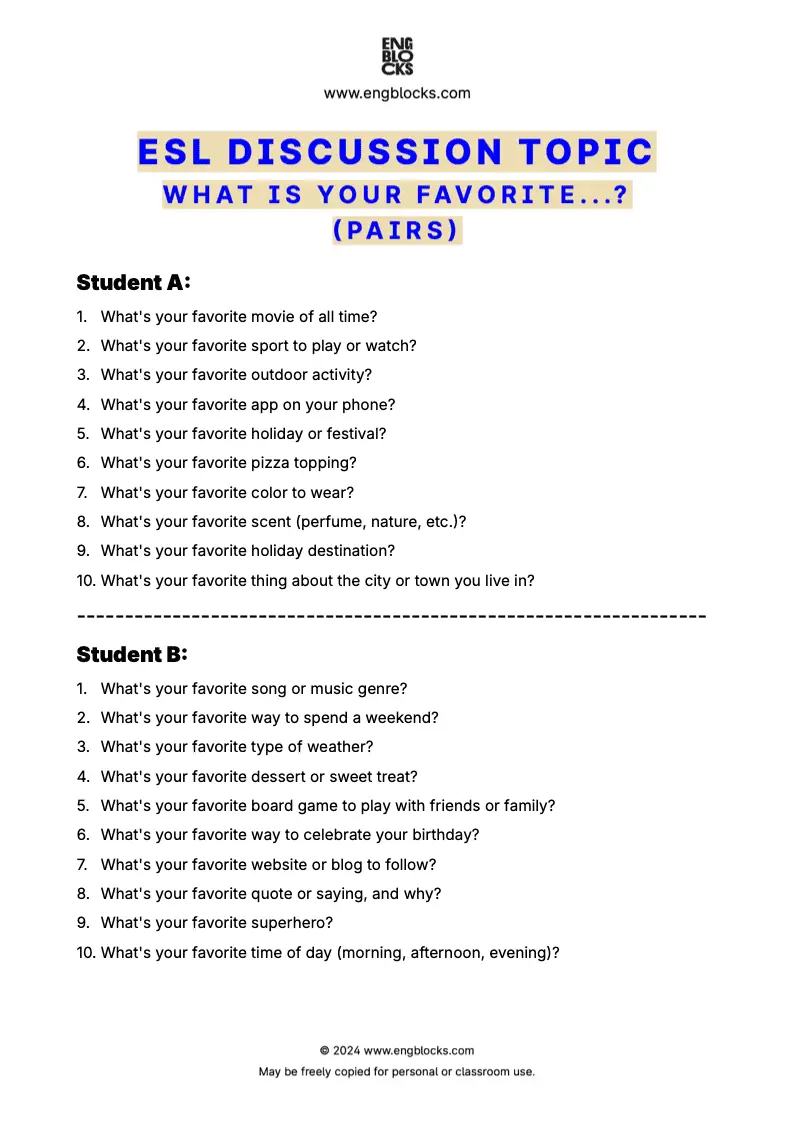 ESL worksheet for students to share their favorites and practice speaking skills (pair work format)