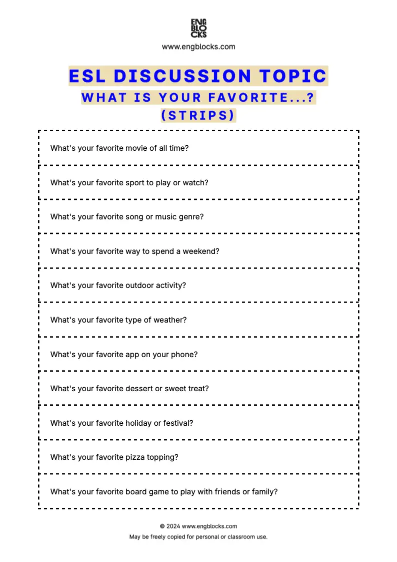 ESL worksheet for students to share their favorites and practice speaking skills (strips format)