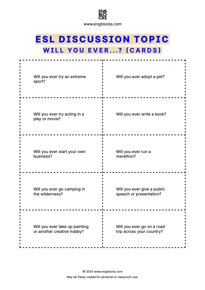 ESL worksheet to discuss future possibilities (cards format)