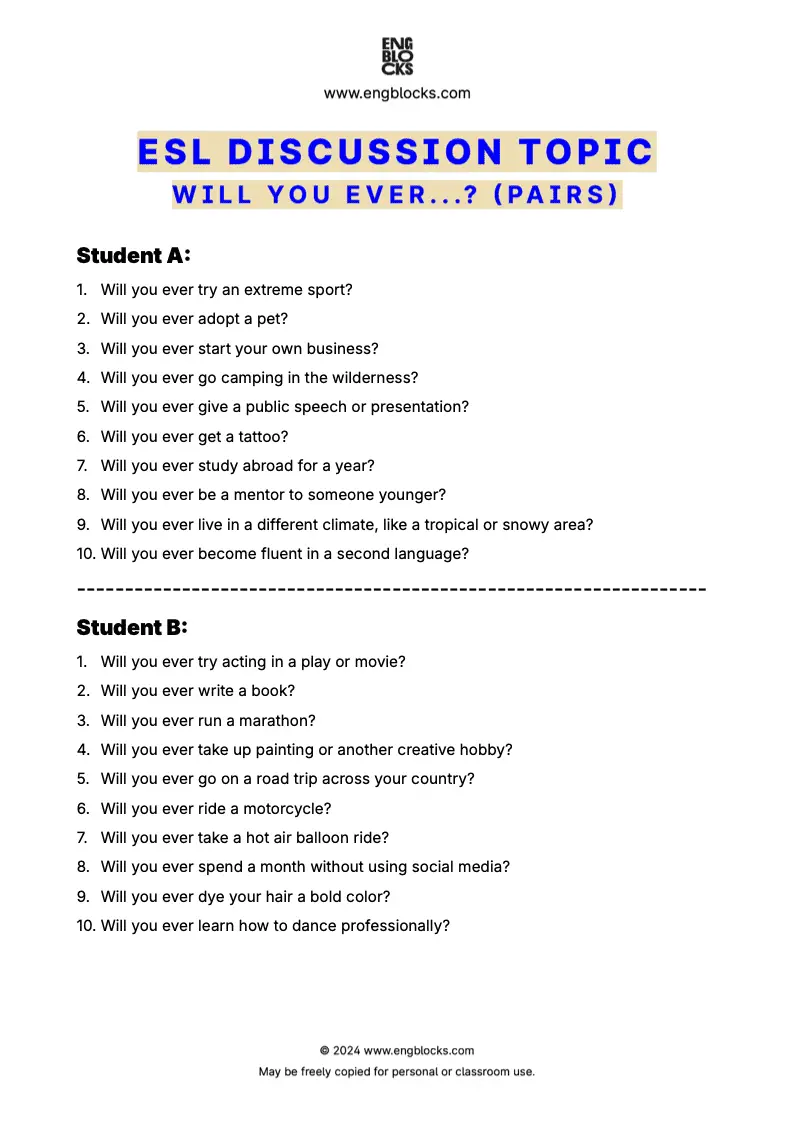 ESL worksheet to discuss future possibilities (pair work format)