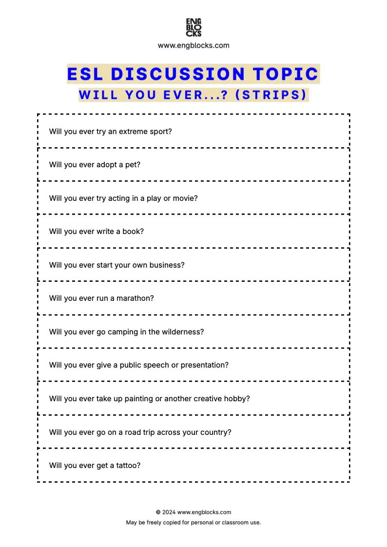 ESL worksheet to discuss future possibilities (strips format)
