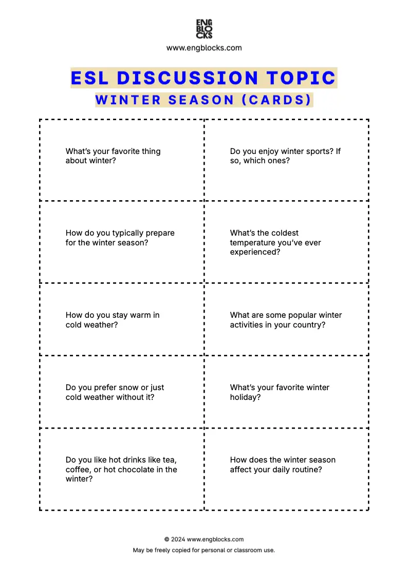 ESL discussion topic worksheet to talk about Winter Season (cards format)