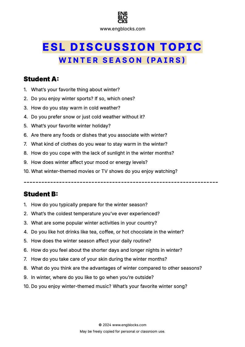 ESL discussion topic worksheet to talk about Winter Season (pair work format)