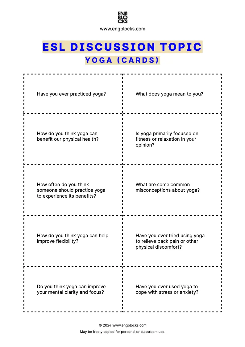 ESL Discussion Topic Worksheet about Yoga for speaking practice in the ESL Classroom (cards format)