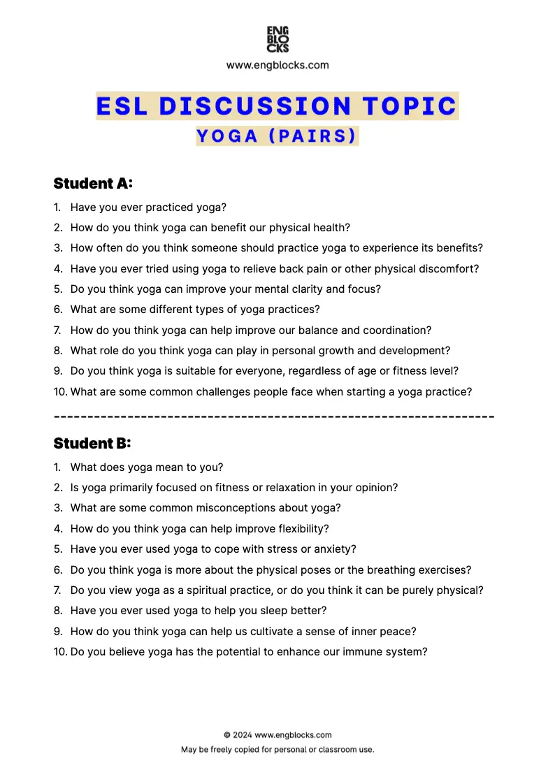 ESL Discussion Topic Worksheet about Yoga for speaking practice in the ESL Classroom (pair work format)