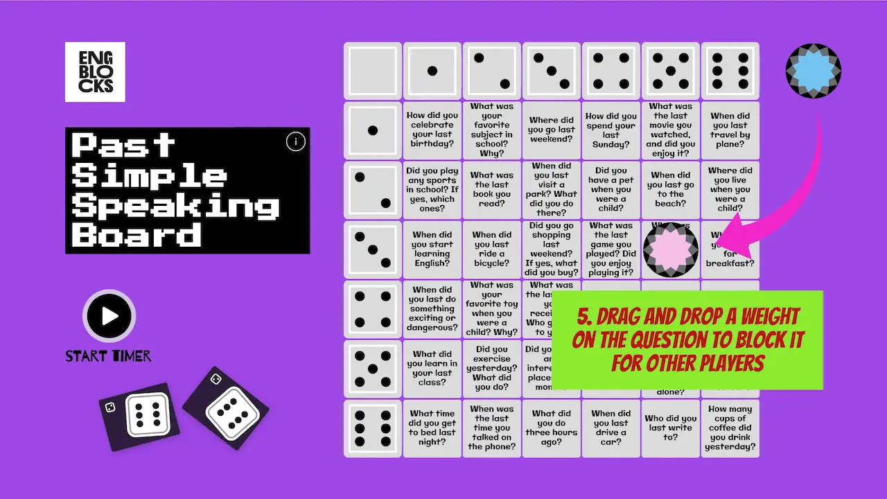 Practice the Past Simple tense with this fun, interactive activity! Roll dice to select questions, block answered ones, and use a 20-minute timer. Ideal for both online and offline ESL classes. (slide-03)