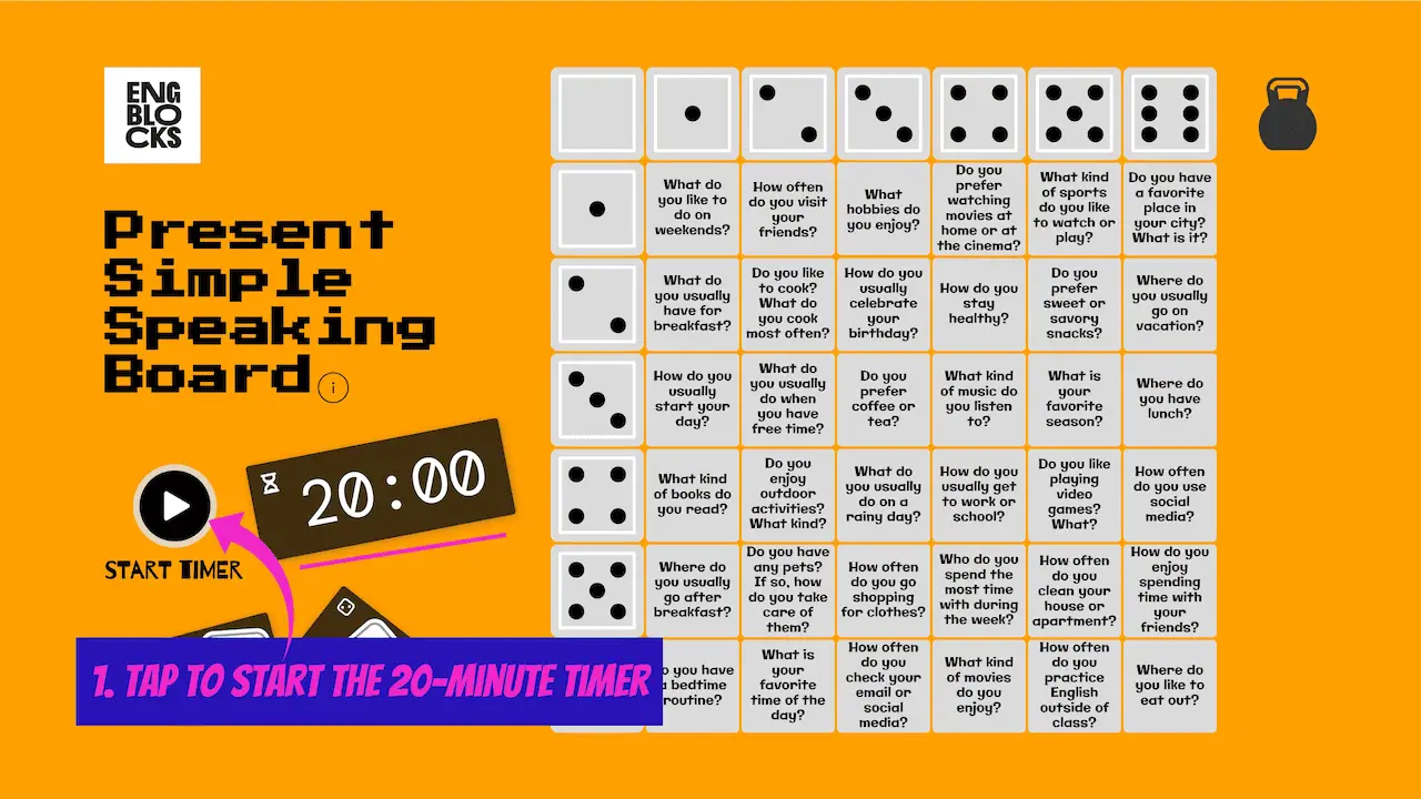 Engage your ESL students with the Present Simple Speaking Board! This interactive dice game selects speaking questions, ideal for online and offline classes. Includes a 20-minute timer for extra fun! (slide-01)