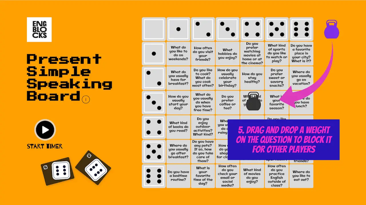 Engage your ESL students with the Present Simple Speaking Board! This interactive dice game selects speaking questions, ideal for online and offline classes. Includes a 20-minute timer for extra fun! (slide-03)