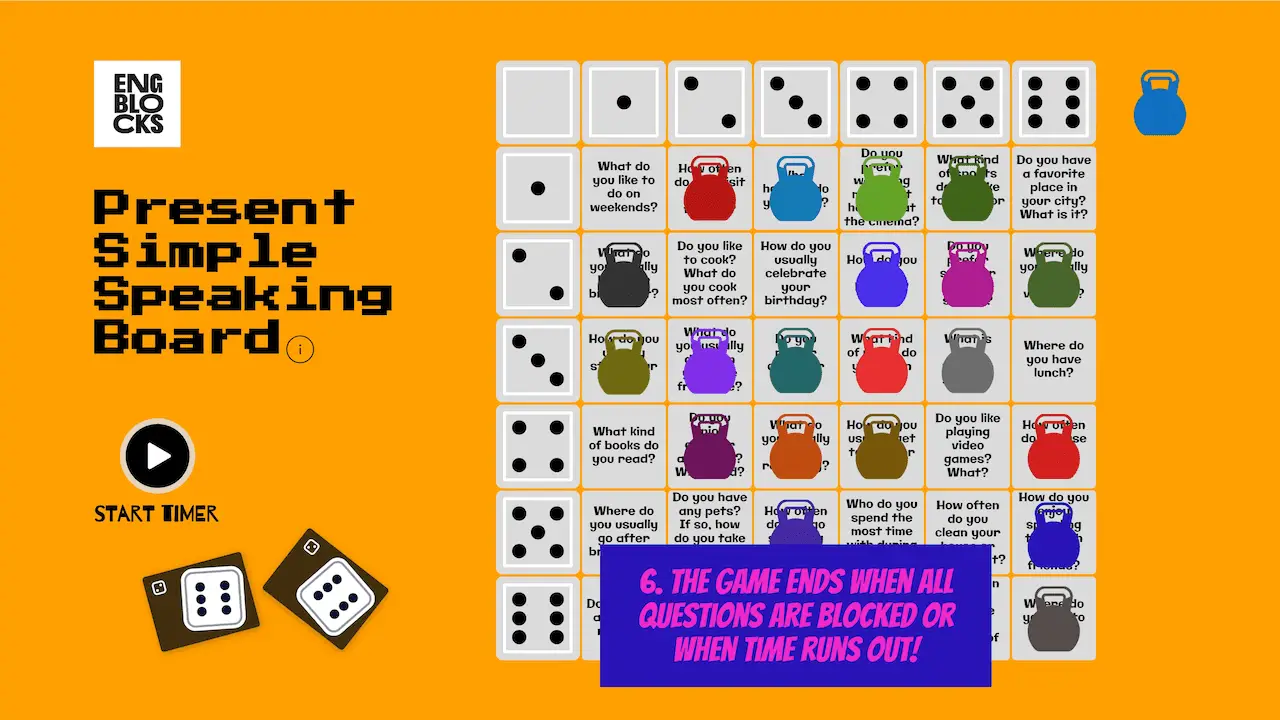 Engage your ESL students with the Present Simple Speaking Board! This interactive dice game selects speaking questions, ideal for online and offline classes. Includes a 20-minute timer for extra fun! (slide-04)