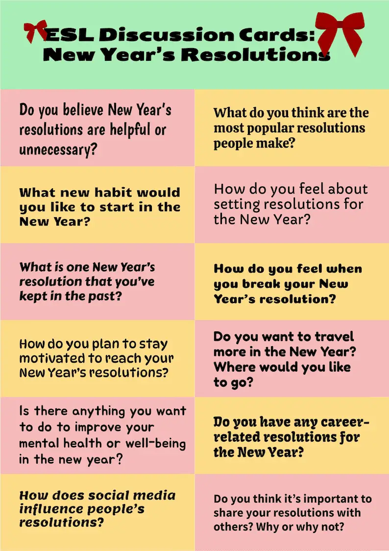 ESL Discussion Cards designed to spark conversations about New Year’s Resolutions.