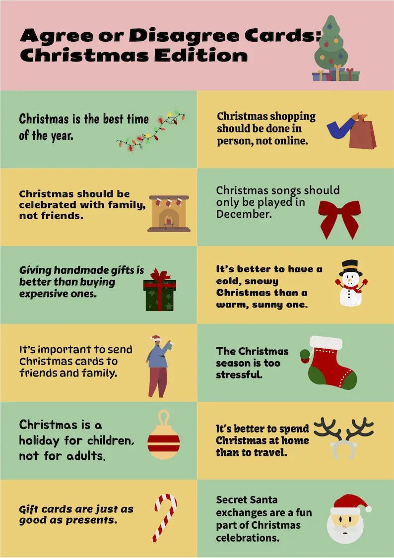 ESL Speaking Activity Worksheet featuring thought-provoking Christmas-themed cards to spark lively discussions.
