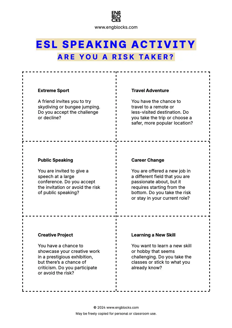 ESL Speaking Activity Worksheet with eight scenarios to discuss