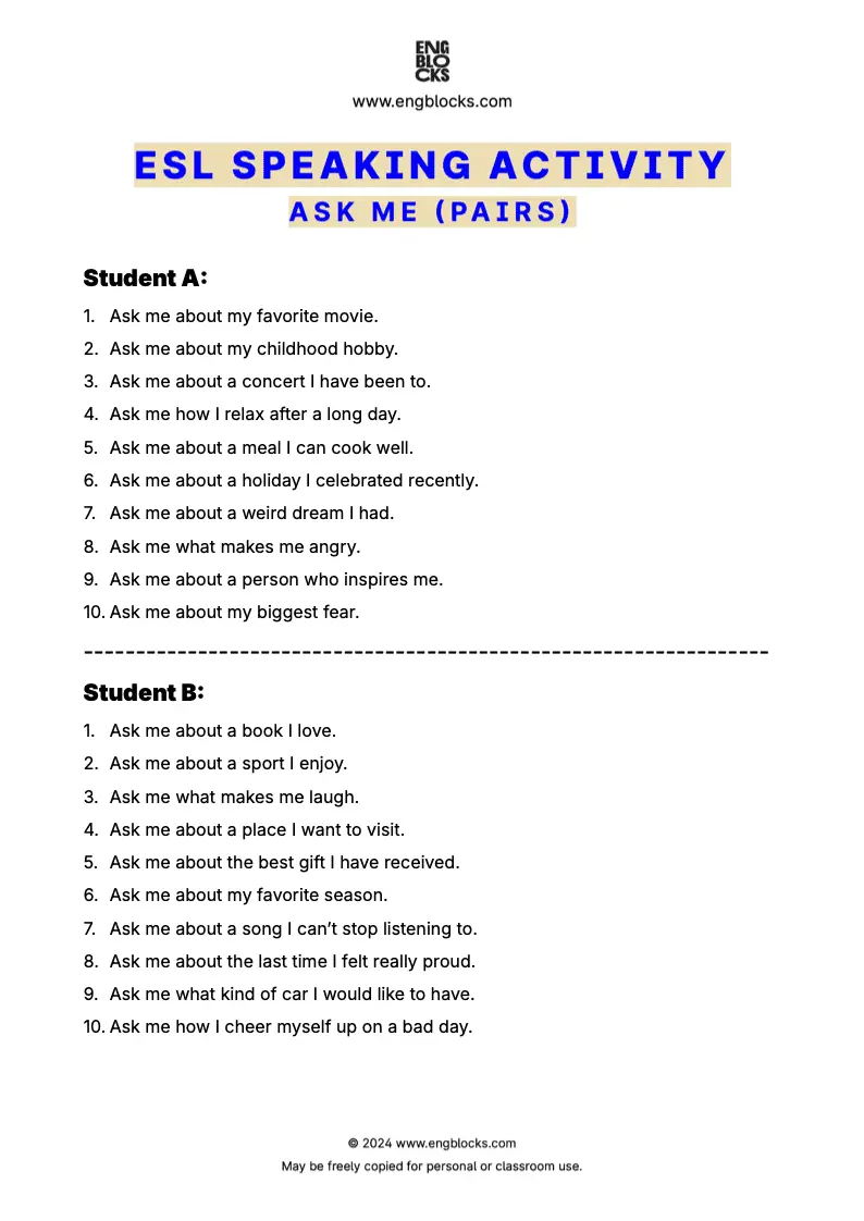 ESL Speaking Activity worksheet where students practice conversations by asking “Ask me questions” (pair work format)