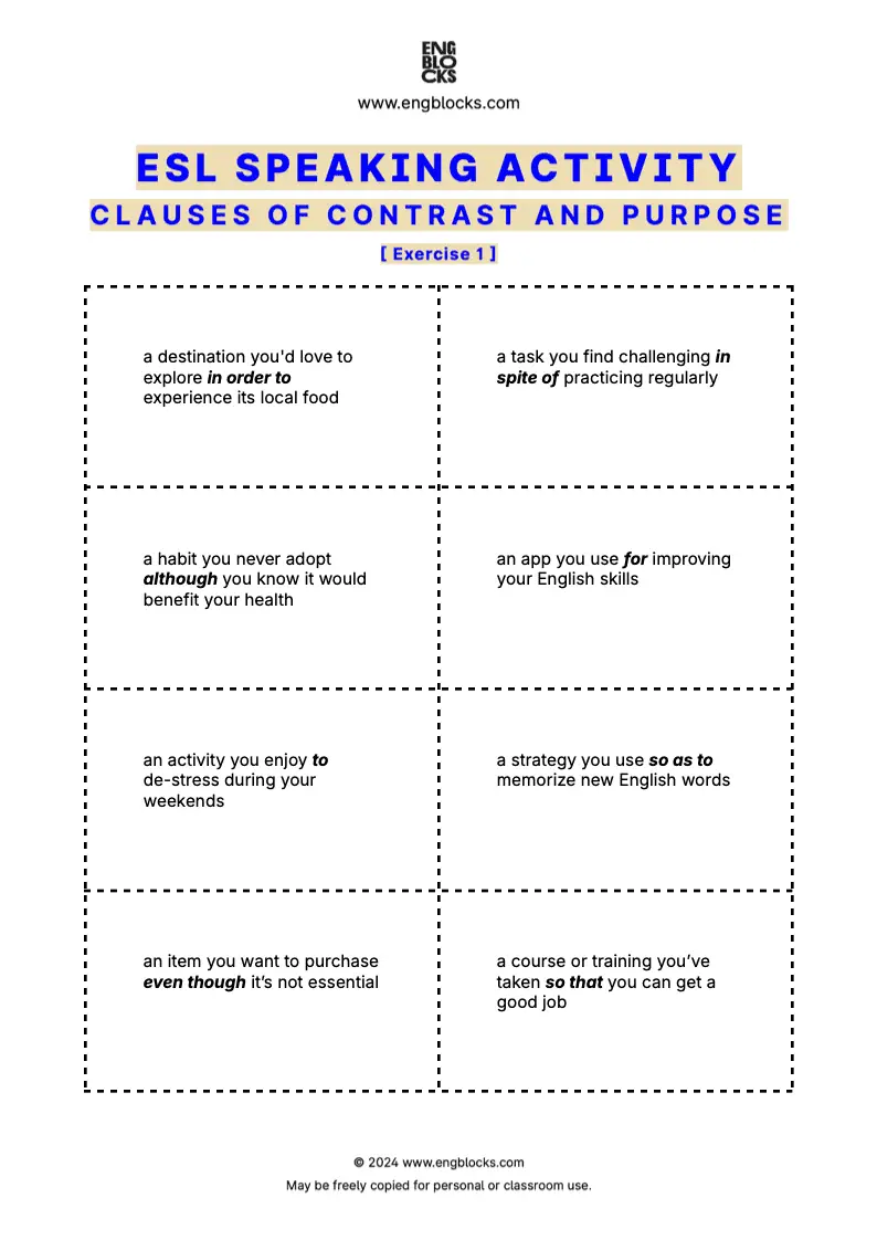 ESL Worksheet featuring cards for practicing clauses of contrast and purpose