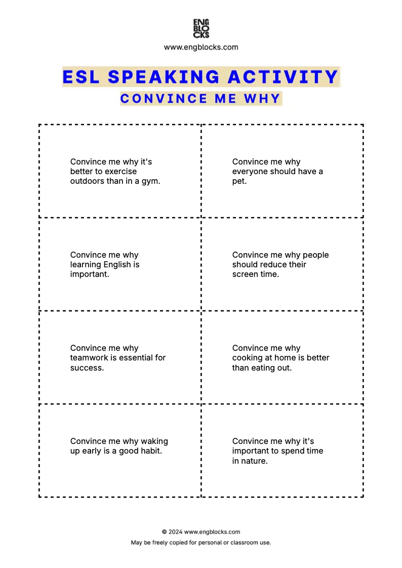 ESL speaking activity worksheey where students convince a partner by giving strong reasons to support an opinion or action