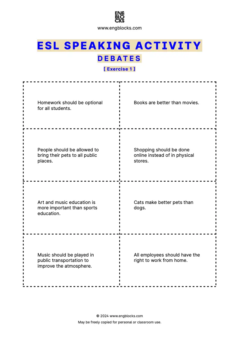 Worksheet featuring a list of debate statements for the ESL classroom