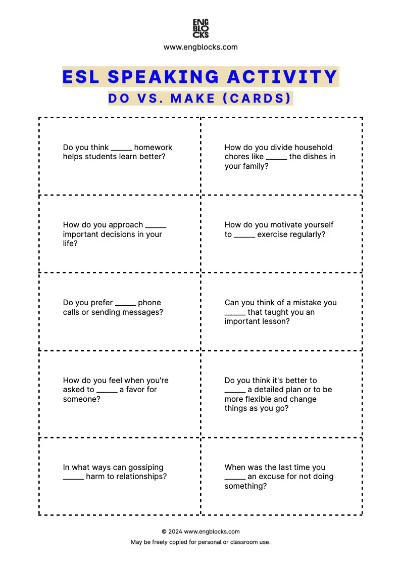 ESL Speaking Activity Worksheet for practicing collocations with do or make (cards format)
