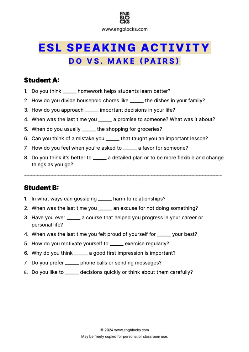 ESL Speaking Activity Worksheet for practicing collocations with do or make (pair work format)