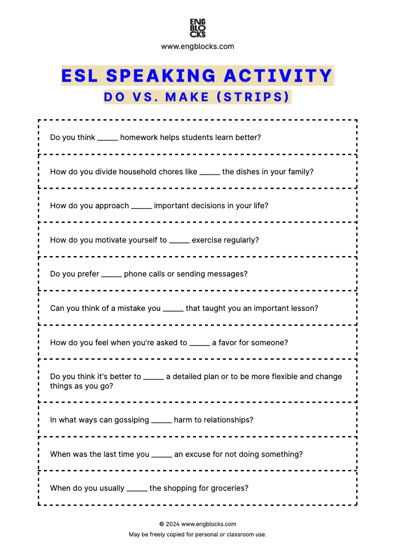 ESL Speaking Activity Worksheet for practicing collocations with do or make (strips format)
