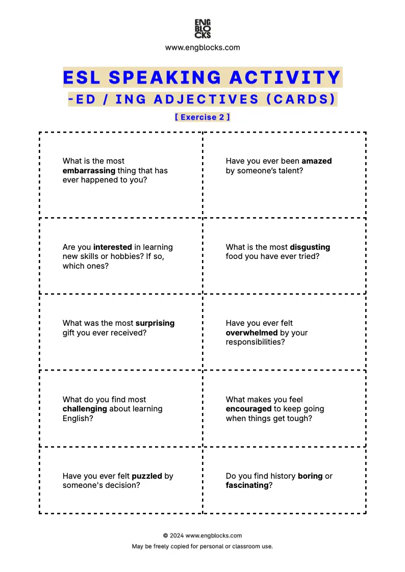 ESL Speaking Activity Worksheet to practice using 'ed' and 'ing' adjectives (cards format)