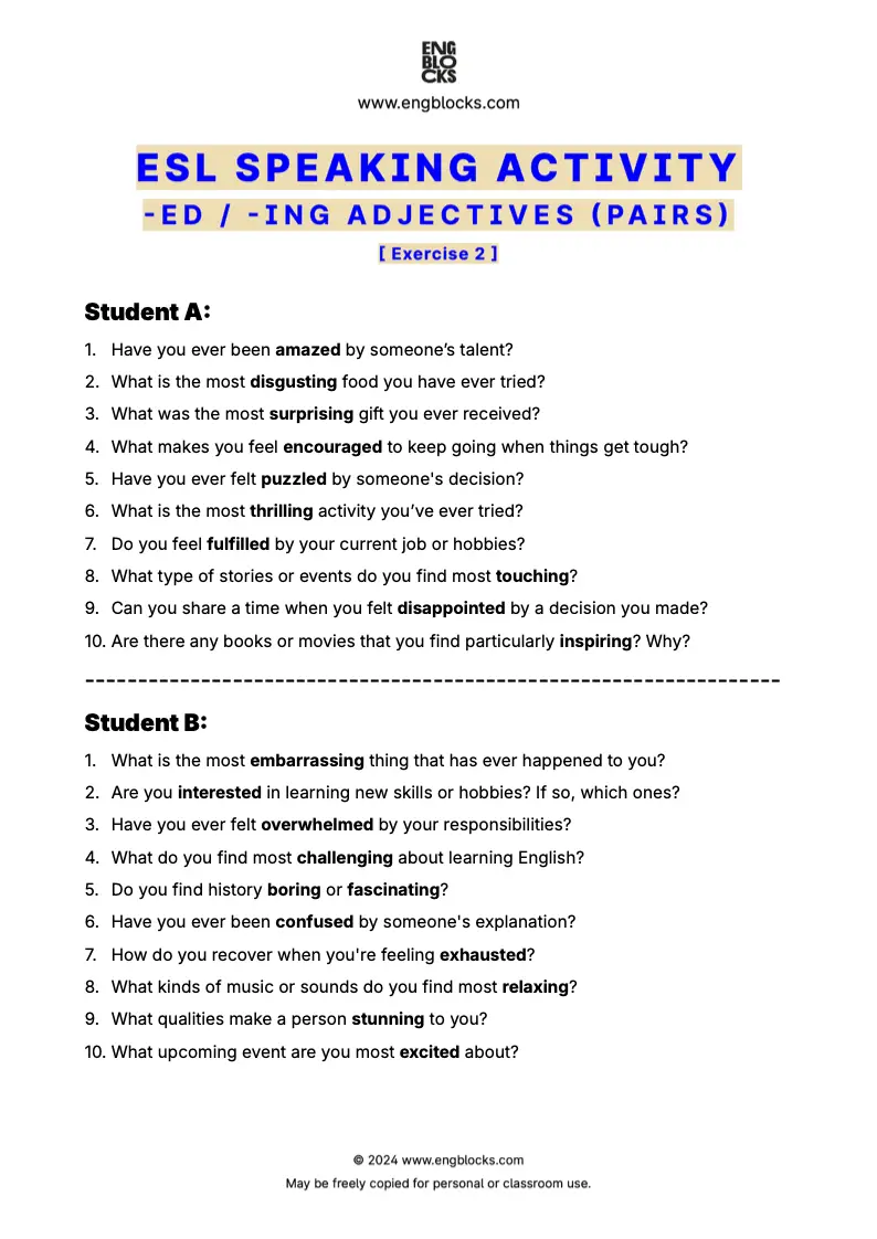 ESL Speaking Activity Worksheet to practice using 'ed' and 'ing' adjectives (pair work format)