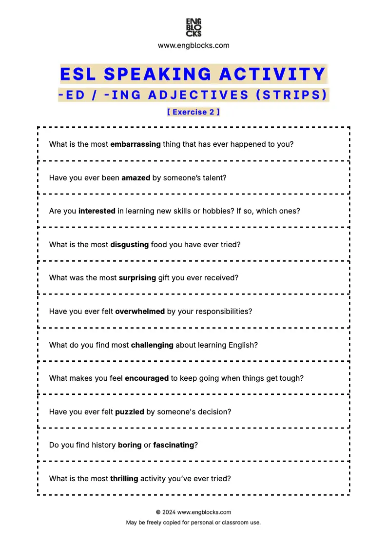 ESL Speaking Activity Worksheet to practice using 'ed' and 'ing' adjectives (strips format)