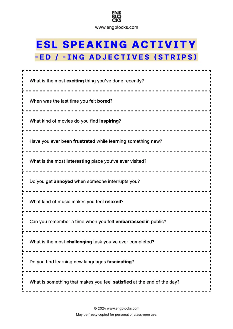 ESL Speaking Activity Worksheet to practice using 'ed' and 'ing' adjectives (strips format)
