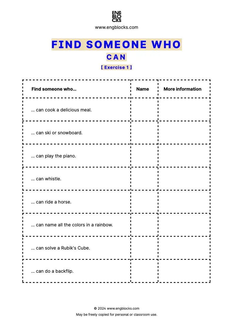ESL Speaking Activity Worksheet: Find Someone Who to practice the modal verb CAN