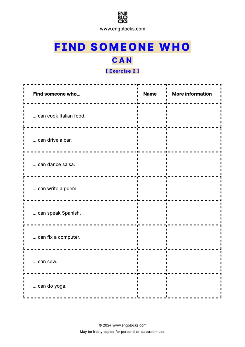 ESL Speaking Activity Worksheet: Find Someone Who to practice the modal verb CAN
