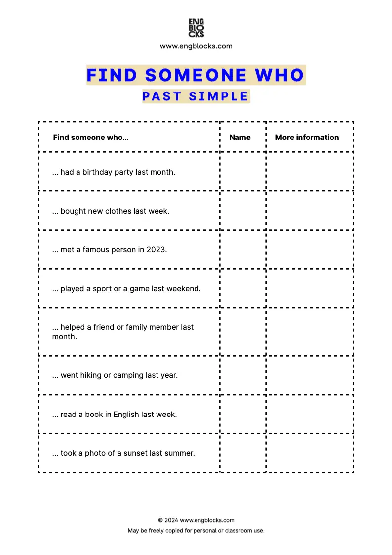 ESL Speaking Activity Worksheet: Find Someone Who to practice Past Simple tense