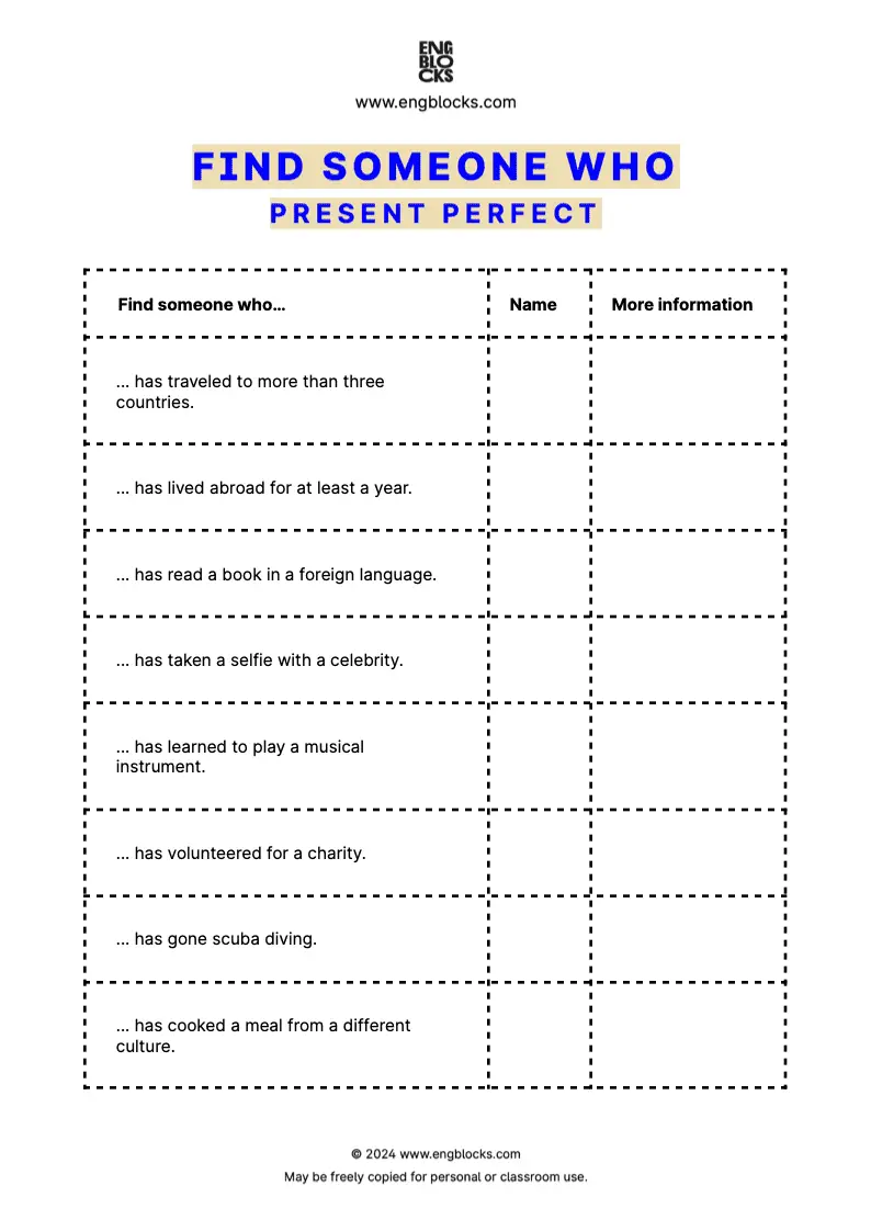 ESL Speaking Activity Worksheet: Find Someone Who to practice Present Perfect tense