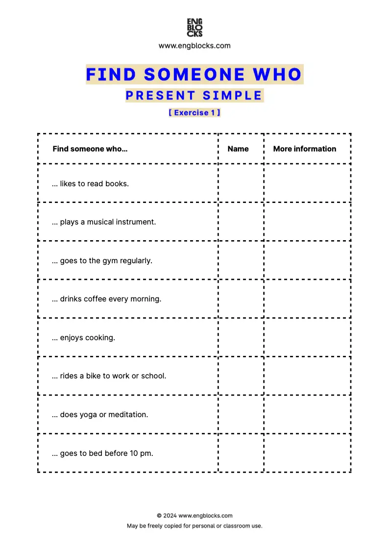 ESL Speaking Activity Worksheet: Find Someone Who to practice Present Simple