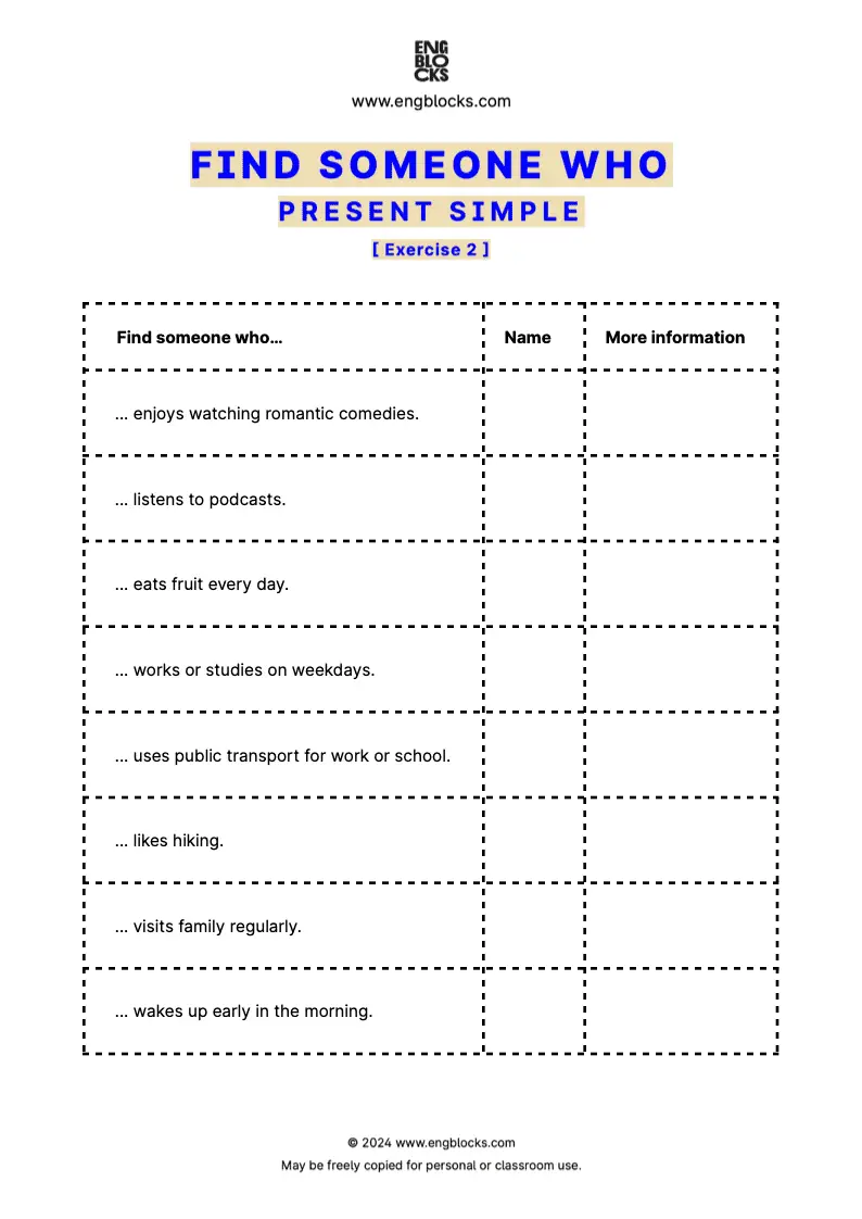 ESL Speaking Activity Worksheet: Find Someone Who to practice Present Simple