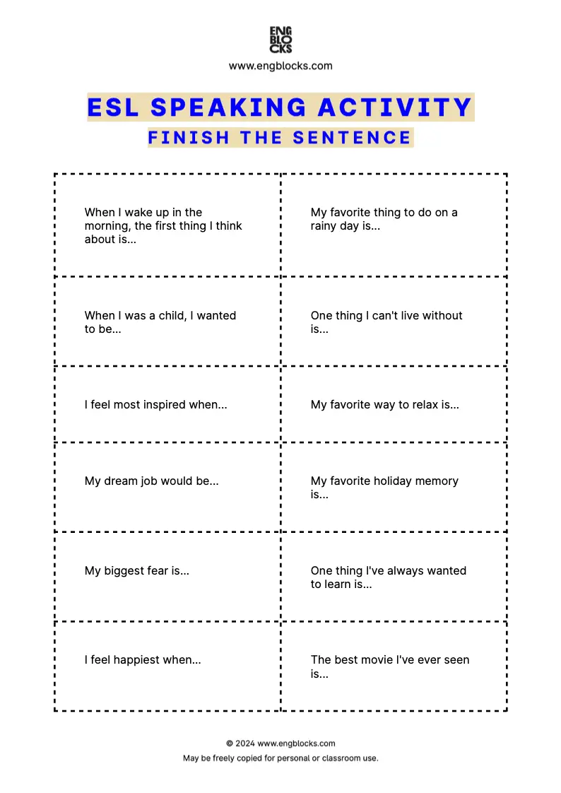 ESL Speaking Activity Worksheet featuring unfinished sentences for completion and discussion in the ESL classroom